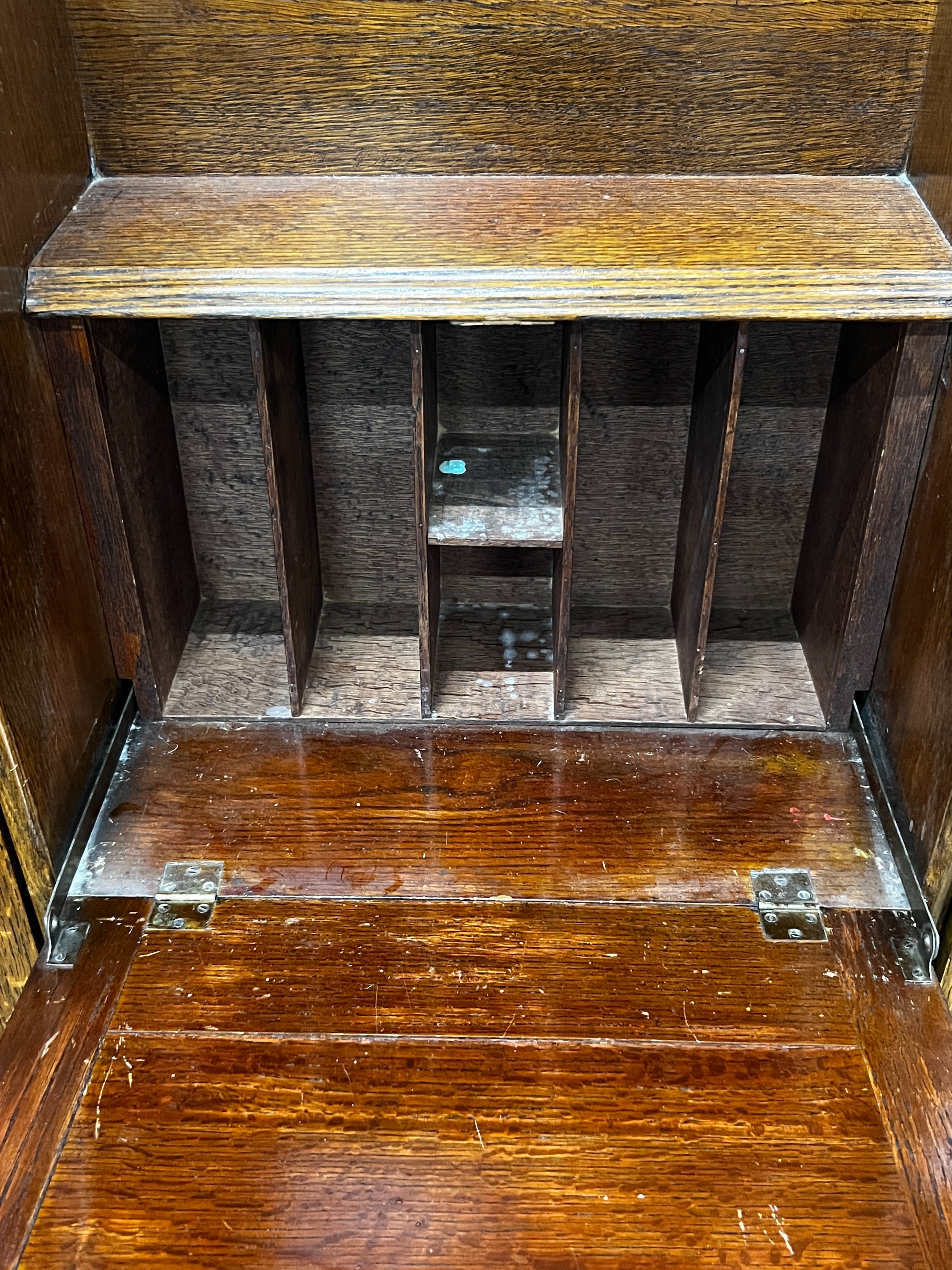 An early 20th century oak bureau bookcase, length 120cm, depth 28cm, height 154cm